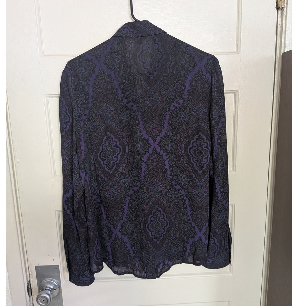 Lauren Ralph Lauren Purple Black Paisley 100% Silk Ruffle Front Blouse Large - Picture 8 of 9